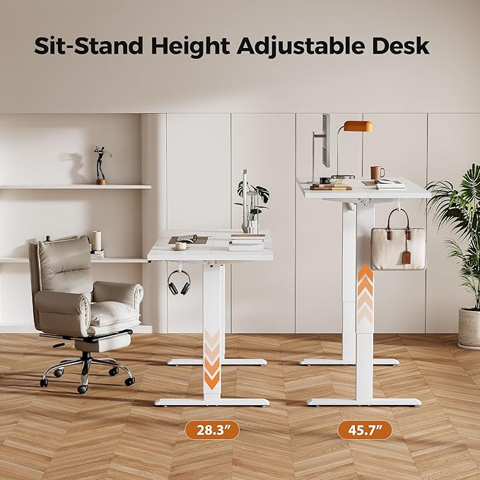 Agilestic Height Adjustable Electric Standing Desk, 48 x 24 Inches Stand Up Desk, Ergonomic Raising Computer Table with Memory Preset Button, Two-Piece Desktop, White