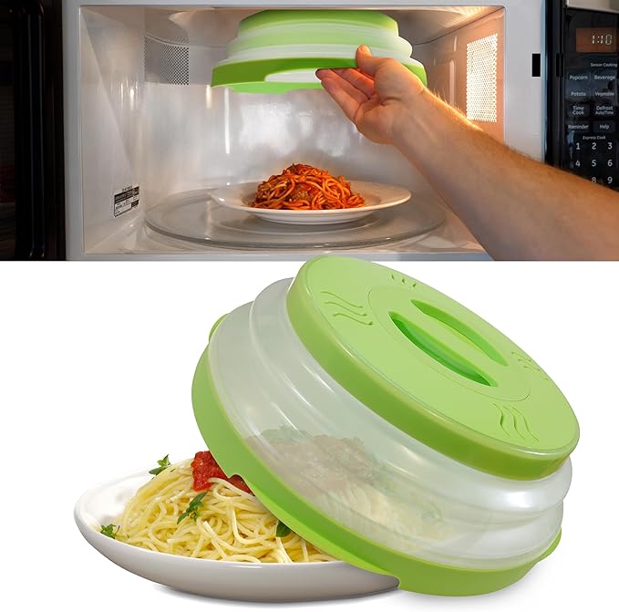 HOVER COVER High Power Magnetic Microwave Splatter Cover with Strongest Magnetic Grip, Collapsible 12-Inch BPA-Free Food Lid, Vented Plate Guard, Dishwasher Safe Space-Saving Storage - Green