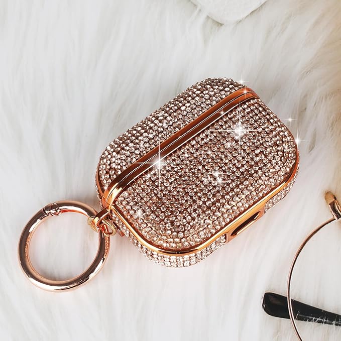 LUVI Compatible with AirPods Pro (2019) Diamond Case Rhinestone Bling Glitter Crystal Shiny Sparkle Cute Protective Shockproof Cover for Women Girls Luxury Skin with Keychain Rose Gold