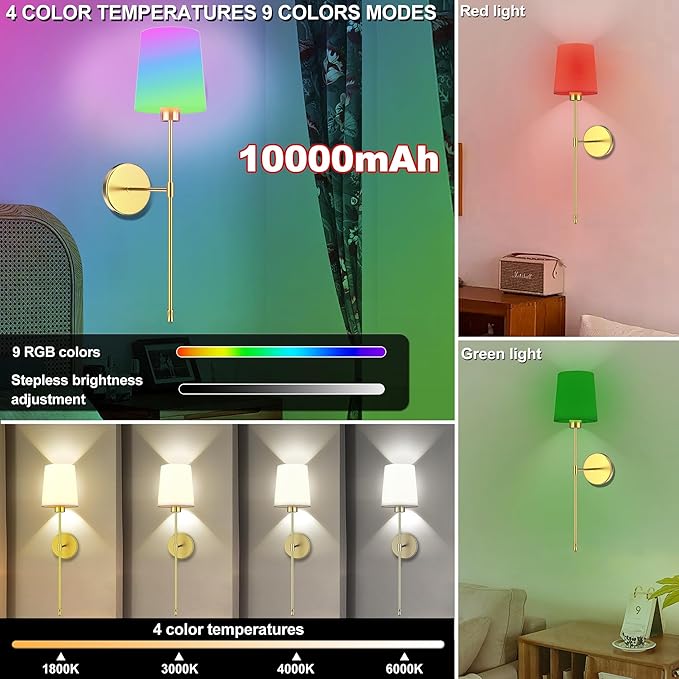 10000mAh Battery Operated Wall Sconces Set of Two, 28 Inches Long Wireless Sconces Set of 2 Wall Light with RGB Rechargeable Magnetic Bulb, Sconces Wall Decor Set of 2 for Bedroom Living Room, Gold