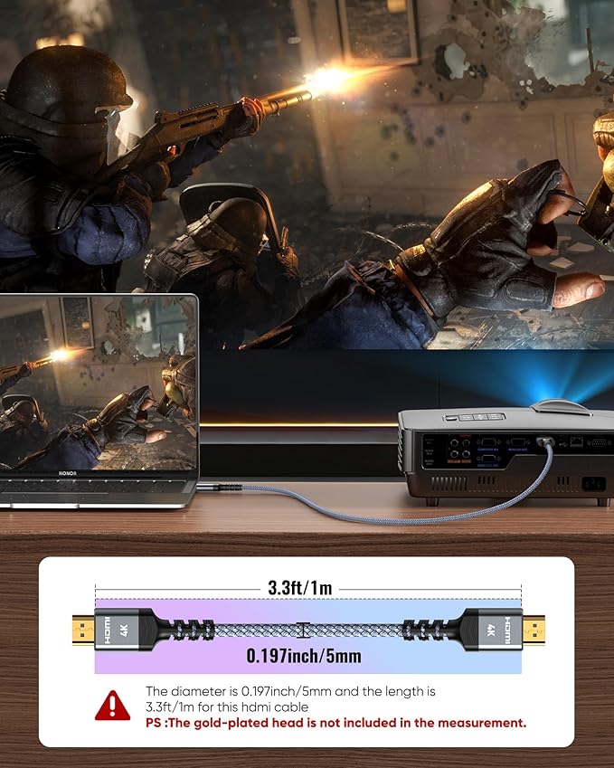 Highwings 4K HDMI Cable 3.3FT/1m 4K@60Hz HDR Braided HDMI 2.0 Cord, 18Gbps High Speed with Ethernet/ARC, 3D, HDCP 2.2, ARC, Compatible for PS-5/4/3/4K HDTV/Monitor/Projector/Streaming Media