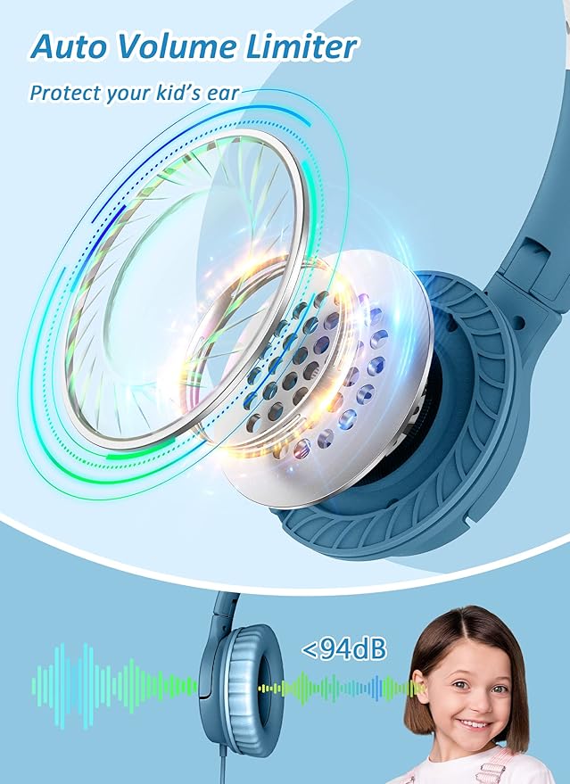 DyBaxa Over-Ear Foldable Pink Kids Headphones, Volume Limiter 94dB Over-Ear Foldable Blue Kids Headphones, Volume Limiter 94dB
