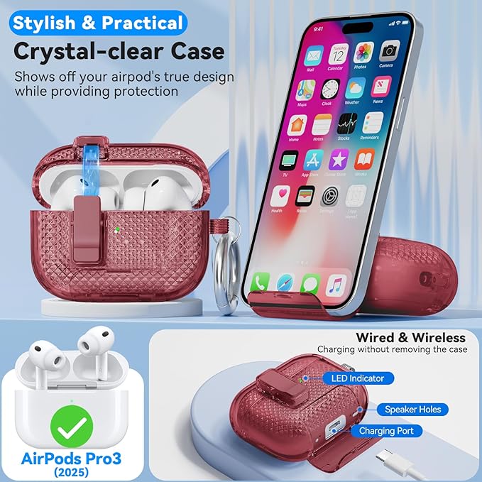 for AirPods Pro 3 Case with Phone Stand & Secure Lock, Auto-Open Clear Case Cover Compatible with Apple AirPods Pro 3rd Generation with Cleaning Kit & Keychain