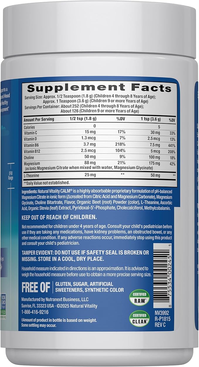 Natural Vitality Calm Sleep, Melatonin & Magnesium Citrate, Sleep Aid Drink Mix, GABA, Sleep Aid, Vegan, Gluten Free & Non-GMO, Mixed Berry Flavored, 16 oz
