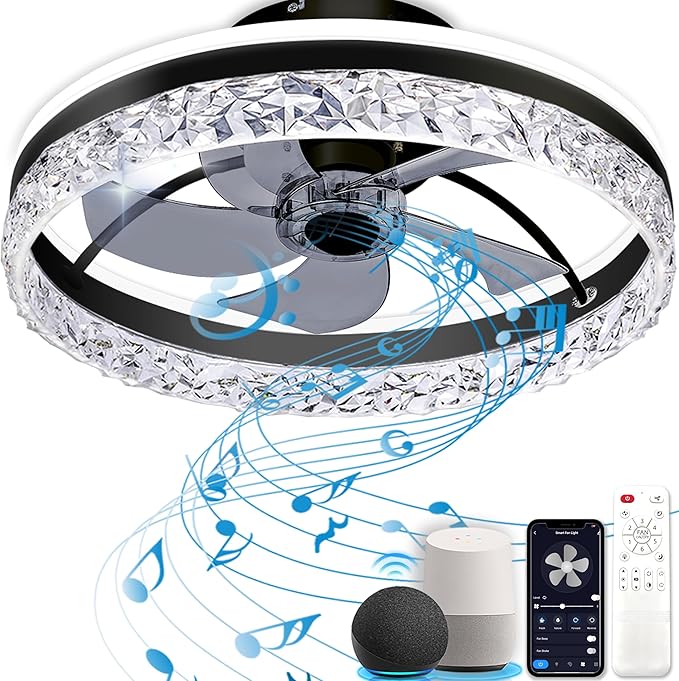 Ceiling Fan with Light,Low Profile Ceiling Fan,Flush Mount Ceiling Fan,Bluetooth Ceiling Fan with Speaker, Smart Ceiling Fan with Alexa&Google Assistant,Voice/APP/Remote Control