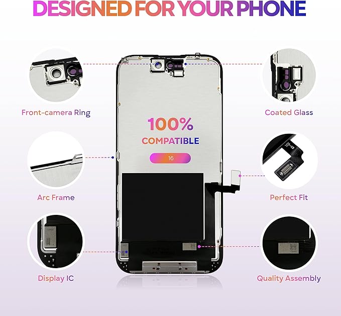 LCD Screen Replacement for iPhone 16 (Model A3287, A3081, A3286, A3288) 6.1 inch Touch Screen Display Digitizer Frame Assembly Repair Kit + Tempered Glass + Adhesive
