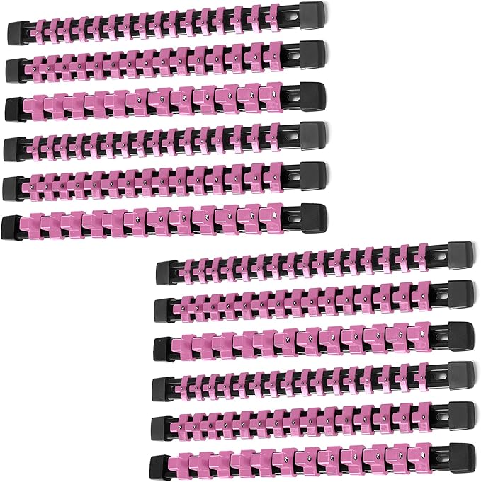 ALOANES 12PC ABS Socket Organizer, Socket Rails Fit 1/2 inch, 3/8 inch and 1/4 inch Drive Hold up to 172 Sockets, Heavy Duty Socket Holders, Black Rails with Pink Clips
