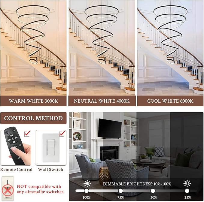 Modern LED Chandelier 8 Rings Dimmable Black High Ceiling Chandelier Foyer, Large LED Contemporary Pendant Lighting for Staircase Entryway Living Room, D35’’ 3000K-6500K