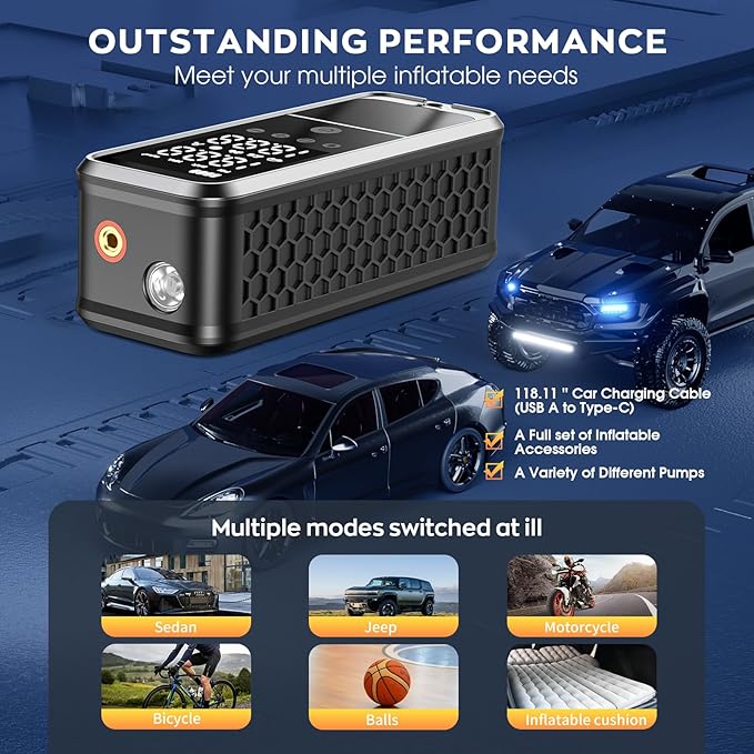 Tire Inflator Portable Air Compressor, Portable Air Pump with Tire Gauge Pressure & LED Light Air Pump for Car Tires Portable Tire Inflator for Car Cordless Bike Pump for Car (Black)