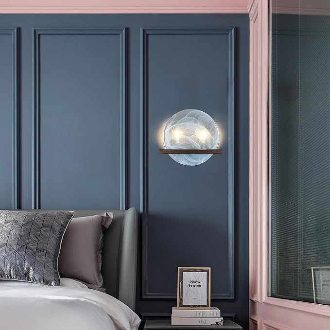 2 Light 10" Round Bllue Glass Bathroom Wall Sconce Modern Concise Style Wall Light Fixture,Oil Rubbed Bronze Finish for Bedroom Hallway Bedside