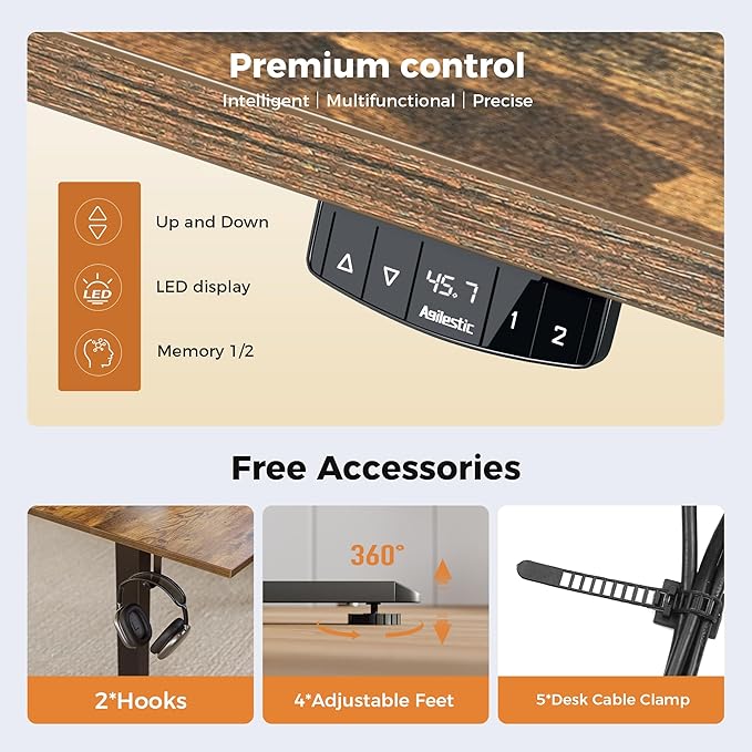 Height Adjustable Electric Standing Desk, 55 x 24 Inches Stand Up Desk, Ergonomic Raising Computer Table with Memory Preset Button, Two-Piece Desktop, Rustic Brown