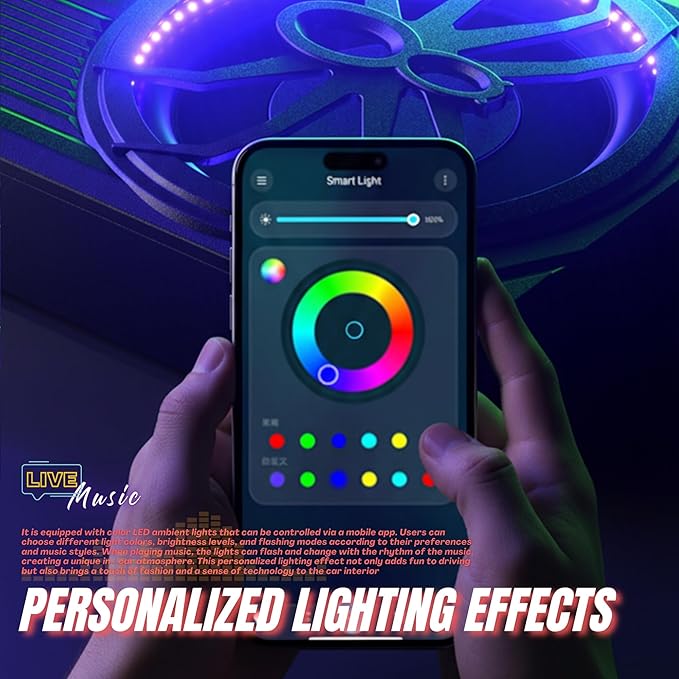 800W Car Subwoofer, 10” Slim Active Powered Subwoofer, Stereo Audio Under Seat Car Subwoofer with Built-in Amplifier, App Controlled Color LED Ambient Lights