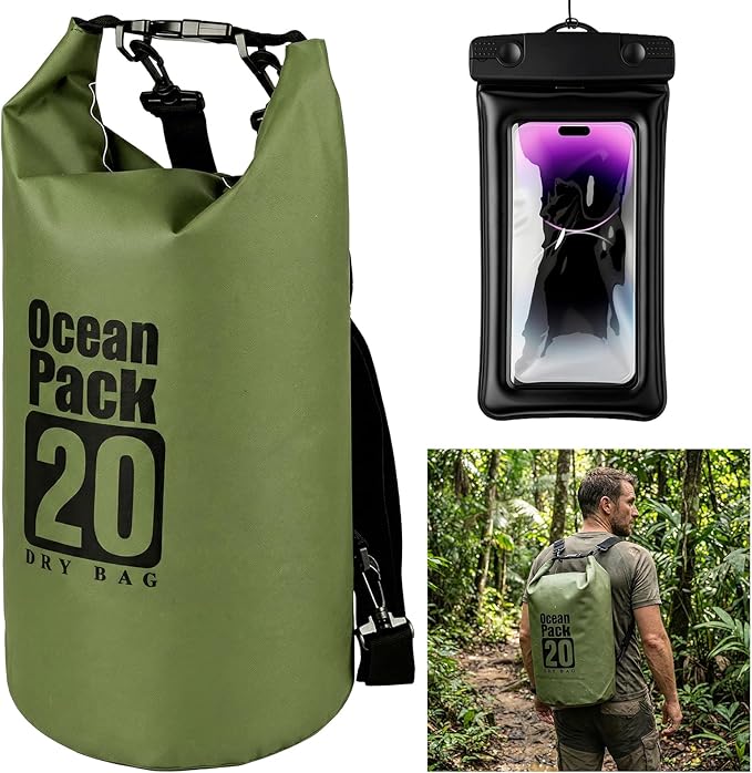 kullder Waterproof Backpack 20L, Army Green Roll Top Water Proof Dry Bag, Heavy Duty Floating Dry Bag for Kayaking Ship Camping, Hiking Backpack with IPX8 Waterproof Phone Pouch-Black, 7"