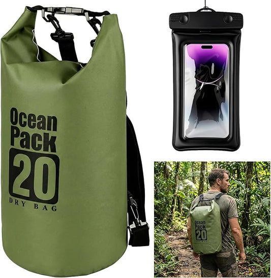 kullder Waterproof Backpack 20L, Army Green Roll Top Water Proof Dry Bag, Heavy Duty Floating Dry Bag for Kayaking Ship Camping, Hiking Backpack with IPX8 Waterproof Phone Pouch-Black, 7"