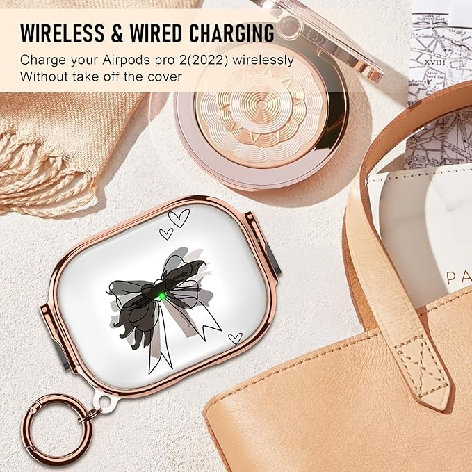 Maxjoy for Cute Airpods Pro 2 case with Safety Lock,Compatible Airpods Pro Case 2nd/1st Gen,Compatible Black Bow AirPods Case Cover for Women Girly with Keychain-Transparent