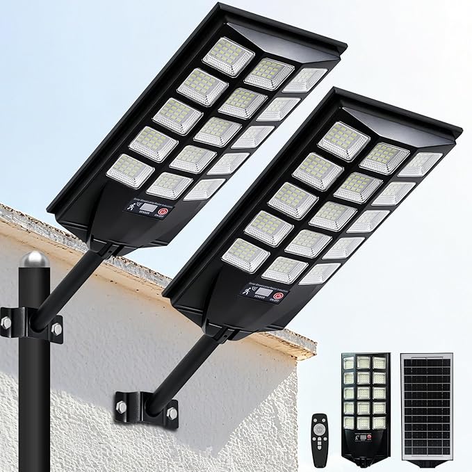 Jercoda Solar Street Lights Outdoor 2 Pack, 6500K LED Flood Lights with Motion Sensor, Dusk to Dawn Security Lights with Remote Control, Waterproof Solar Powered Lighting for Garden Yard Parking Lot
