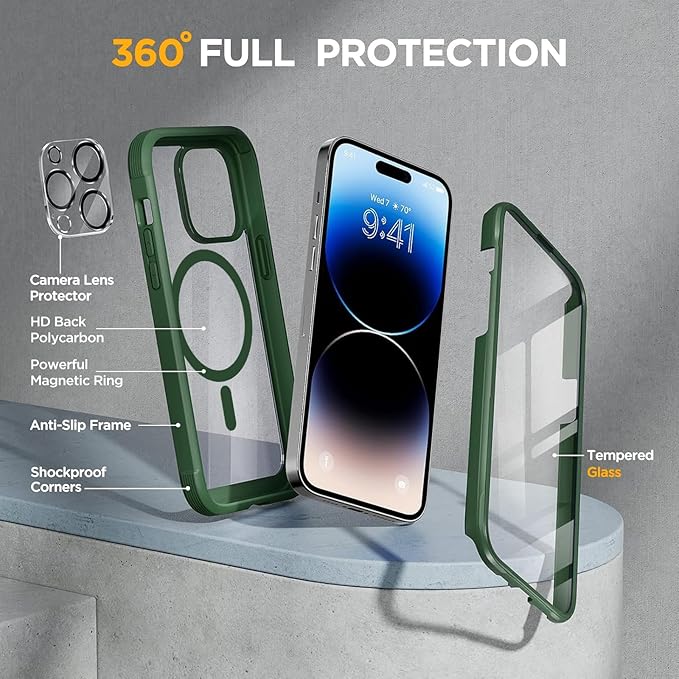 Miracase Magnetic for iPhone 14 Pro Max Case 6.7 inch, (Compatible with MagSafe) Upgrade Full-Body Clear Phone Bumper Case with Built-in 9H Tempered Glass Screen Protector, Magnetic Acacia Green