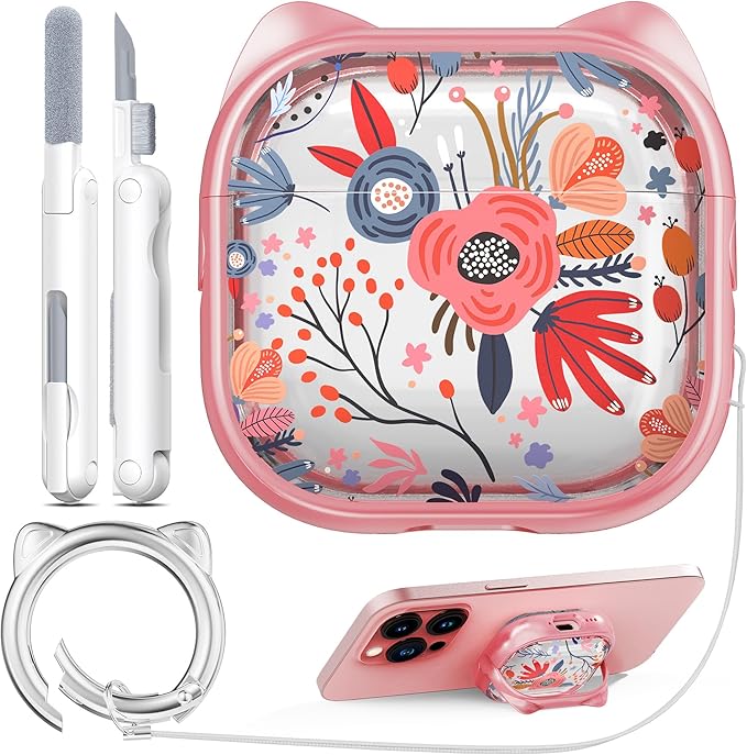 RFUNGUANGO AirPods 4 Case for Women Girly Cat Case with Lock, Phone Stand,Keychain & Cleaner Kit, Compatible with Apple Airpods 4th Generation Case Cover, Pink Flower