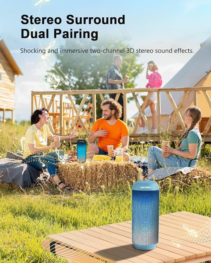 Bluetooth Speaker, Portable Wireless Speaker with HD Stereo Loud Sound, LED Lights, IPX4 Wateproof, 24H Playtime, TWS Pairing, BT5.3 with AUX, Built-in Mic, for Home, Outdoor, Party, Camping, Gifts
