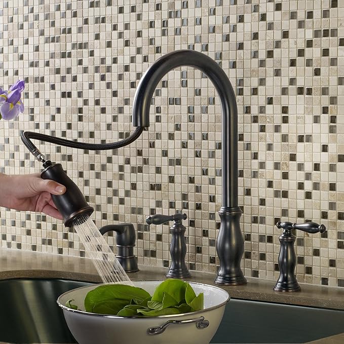 Pfister Hanover Kitchen Faucet with Pull Down Sprayer and Soap Dispenser, 2-Handle, 4-Hole, High Arc, Tuscan Bronze Finish, F5314HNY
