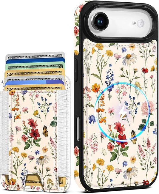 Shorogyt for iPhone Air Wallet Case - Fits 5 Cards, Compatible with Magsafe Detachable Magnetic Credit Card Holder Leather Cardholder Cute Phone Cover Women Girls for Apple 17 Air, Floral