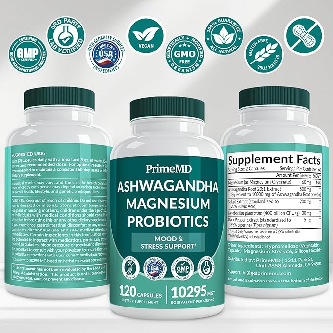5-in-1 Cortisol Supplement for Women and Men with Ashwagandha for Calmness, Focus, and Adrenal Support Supplements with Shilajit Extract, Magnesium Glycinate, Probiotics (120 ct) (Pack of 2)