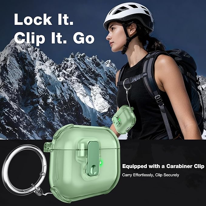Clear Case for AirPods 3 Case Cover with [Lock Safety & Pop Up][Military Shockproof] Anti-Yellow Transparent Soft TPU Wireless Charging for AirPods 3 Generation Case with Keychain, Clear Green