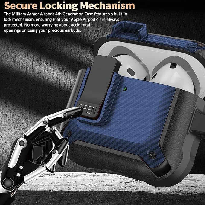 for Airpods 4 Case with Lock Clip, Rugged Apple Airpods 4th Generation Cover 2024 Men Women, Armor Shockproof iPod 4 Gen Protective Hard Shell with Carabiner&Cleaner kit,Black/Blue