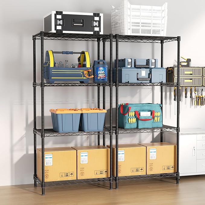 4 Tier Adjustable Storage Shelves,Heavy Duty Metal Utility Shelf 600LBS Capacity,Wire Shelving Unit Organizer Rack for Home Kitchen Office BathroomM Pantry Room 12" D x 22" W x 44" H Black