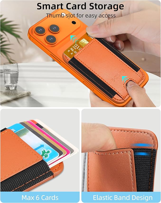 HiWe for MagSafe Wallet, Stronger Magnetic Wallet for iPhone 17/16/15/14/13/12 Series, 7 Cards Holder, Vegan Leather Minimalist Slim RFID, 1 Slot, Cosmic Orange & Black