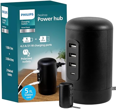 Philips Desktop Charging Station, 2 AC Outlet Extender, 3 USB-A, 1 USB-C