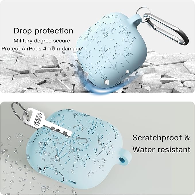 DamonLight Flora Engraved Case for AirPods 4 with Active Noise Cancellation Cover Shockproof Protective Soft Silicone Case with Cleaning Pen and Keychain for Apple Airpods 4th Generation (Blue)