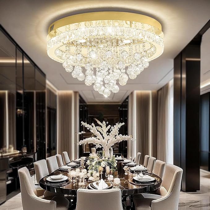 Dia 24" Modern Crystal Chandeliers for Dining Room,Gold Raindrop Chandelier Flush Mount Chandeliers for Living Room Bedrooms Dining Room Dimmable 2700k 4500k 6000k