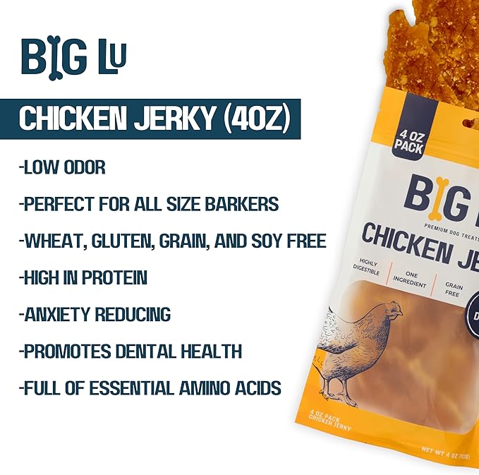 Big Lu - Chicken Jerky Dog Treats – 4oz, Premium Air-Dried USA Chicken Breast for Dogs, High Protein, Single-Ingredient Training Treats, Grain-Free & Easily Digestible Snack for All Breeds