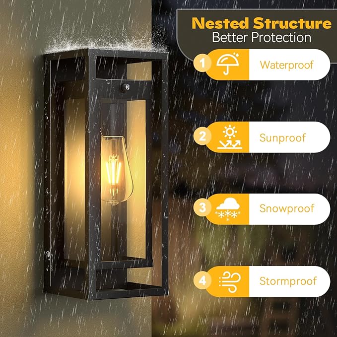 Dusk to Dawn Outdoor Wall Light 2Pack-15in Waterproof Large Porch Sconce Wall Mounted Modern Exterior Lighting Fixture E26 Black Lantern for Outside House Garage Entryway