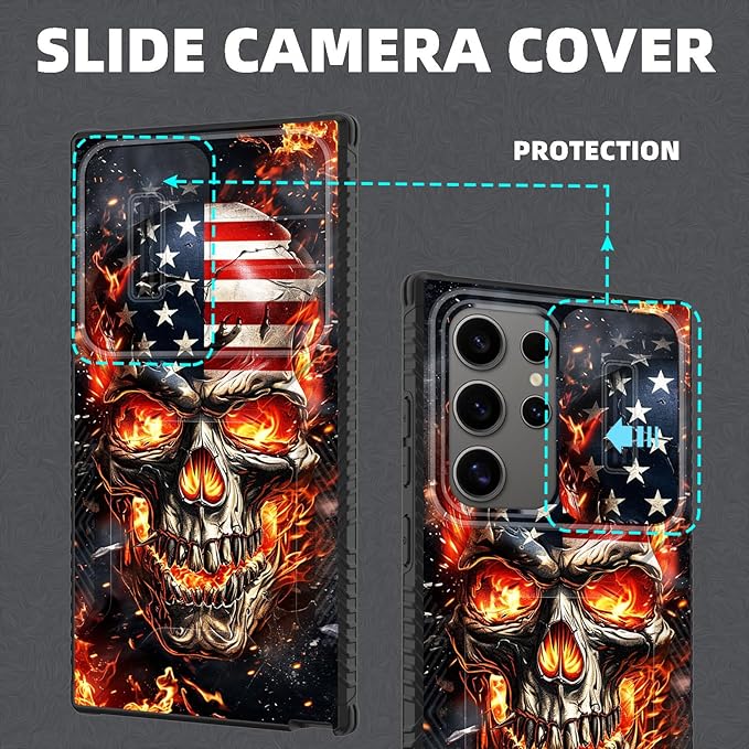 for Galaxy S25 Ultra Case Built in Slide Camera Lens Cover,Heavy Duty Shockproof Protection Dual Layer Case for Samsung Galaxy S25 Ultra 6.9" 2025,American Flag Flame Skull
