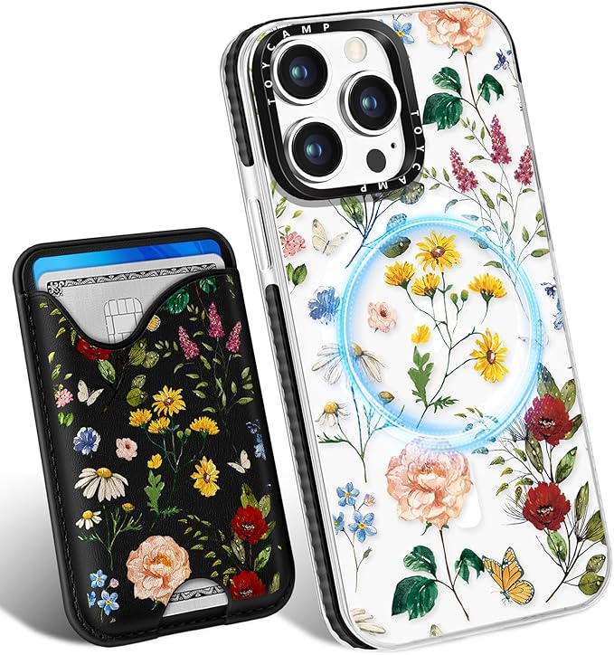 Toycamp for iPhone 14 Pro Case - Compatible with Magsafe Credit Card Holder Wallet Magnetic Cute Women Teen Girls Kawaii Girly Unique Flower Floral Design Phone Cover for iPhone 14 Pro