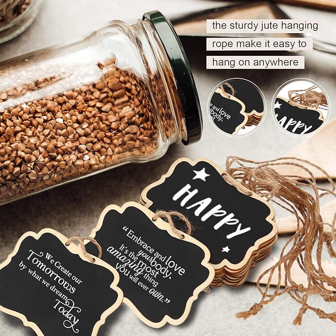 24 Pack Chalkboard Tags with String, 2.36x3.35 Inch Mini Wood Chalkboards Signs with Gold and Silver Markers, Hanging Chalkboard Labels Massage Board Signs, Price Tags