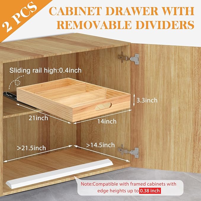 2 PCS Wood Pull Out Cabinet Organizers with Removable Dividers, 14''W x 21''D Nail-free Sliding Drawers with Adhesive Tape, Roll Out Shelves for Kitchen, Pantry, Office (Wood)