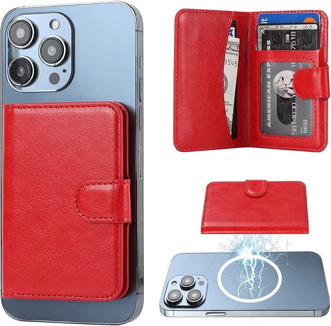 Bocasal for MagSafe Wallet Magnetic Card Holder, RFID Blocking Leather Card Slots for iPhone 17/16/15/14/13/12 Pro/Max/Plus/Air, Adjustable Kickstand Flip Mag Safe Wallet (Red)
