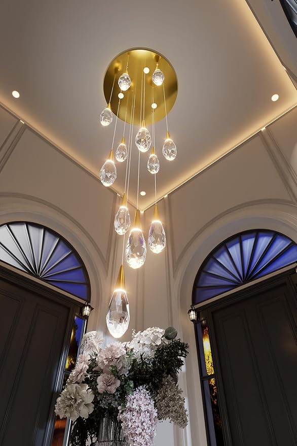 H118 Chandeliers for High Ceiling Gold Modern Crystal Pendant Light 12-Lights Crystal Raindrop Chandelier for Living Room Staircase Villa