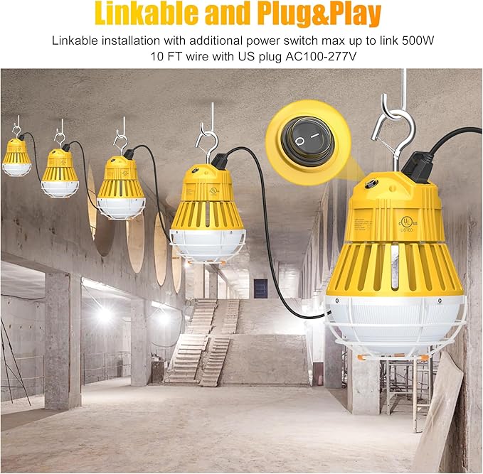 LED Temporary Work Light 100W, 13000LM 5000K Portable Hanging Construction Light with 10ft Cable Plug and Sturdy Hooks Linkable LED Work Light for Job Site Lighting, Workshop, Garage ETL Listed