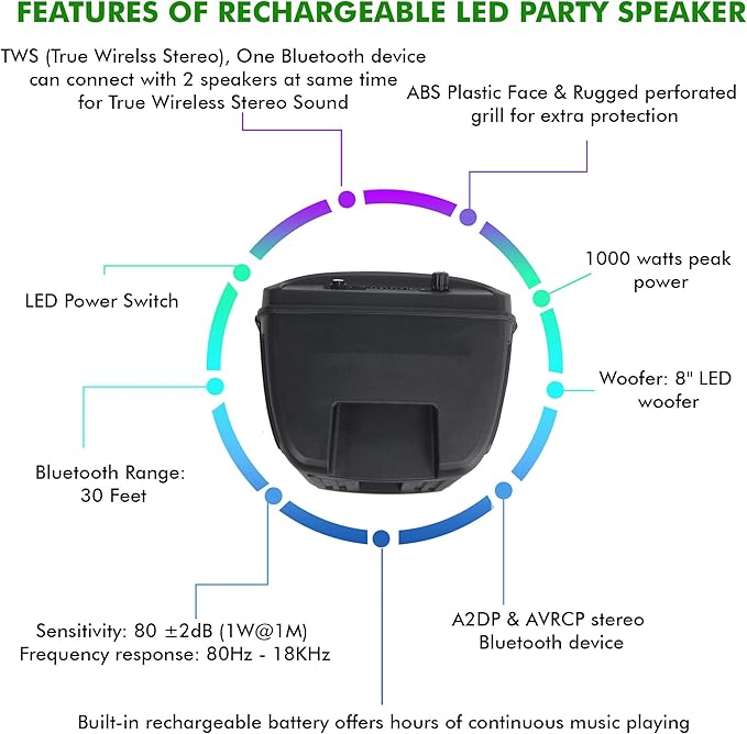 Technical Pro 8 Inch Portable 800 watts Bluetooth Speaker with Woofer & Tweeter, Festival PA LED Speaker with Bluetooth/USB Card, True Wireless Stereo (2 Speakers)