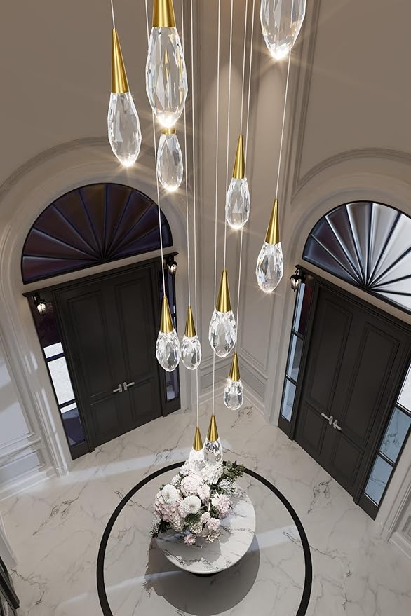 H118 Chandeliers for High Ceiling Gold Modern Crystal Pendant Light 12-Lights Crystal Raindrop Chandelier for Living Room Staircase Villa