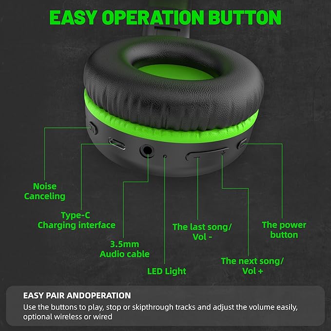 U2B Active Noise Canceling Wired & Wireless Bluetooth 6.0 Headphones with Microphone, Foldable Lightweight Head Phones with Volume Control‌ for Kids Adult School Black Green