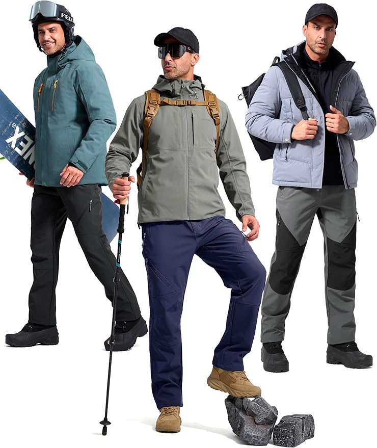 FREE SOLDIER Men's Fleece Lined Outdoor Cargo Hiking Pants Water Repellent Softshell Snow Ski Pants with Zipper Pockets