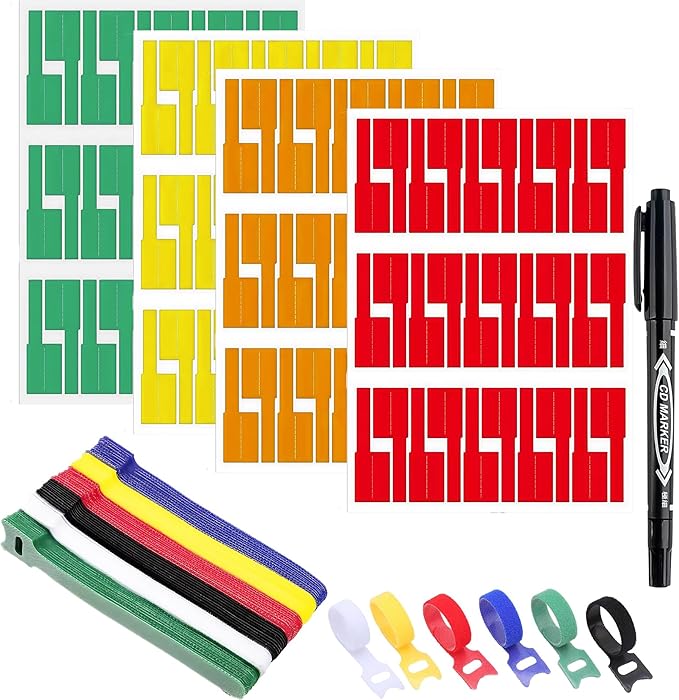 240-Piece Water-Resistant Cable Labels and Tags Kit with Marker - 10 Colors Hook & Loop Straps for Electronics, Home Office Wire Management, Cord Organizer, Color Coding Stickers