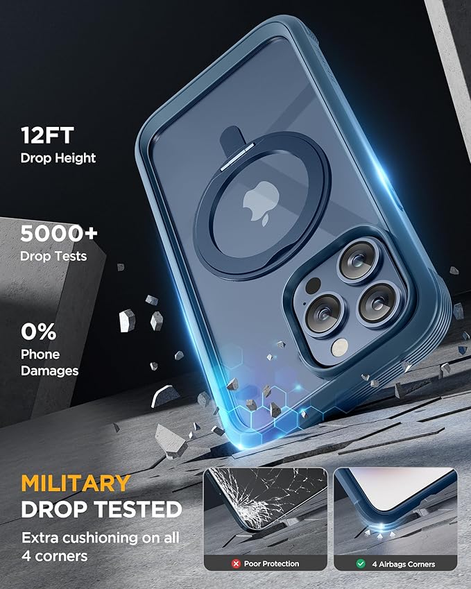 Miracase for iPhone 15 Pro Max Case with 360° Magnetic Ring Stand [Compatible with Magsafe] Full-Body Drop Proof Bumper Phone Case with Built-in 9H Tempered Glass Screen Protector,Blue