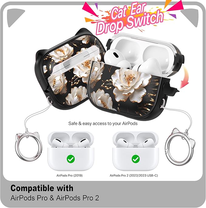RFUNGUANGO AirPods Pro Case for Women Girly Cat Case with Lock, Phone Stand, Keychain & Cleaner Kit, Compatible with Apple Airpods Pro 2nd/1st Generation Case Cover, Black Peony