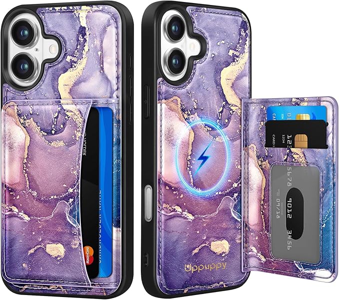for iPhone 16 Wallet Case - Fits 4 Card Slots, Compatible with MagSafe for Women Aesthetic Durable PU Leather Credit Card Holder Kickstand Phone Cover for Apple 16, Purple Marble